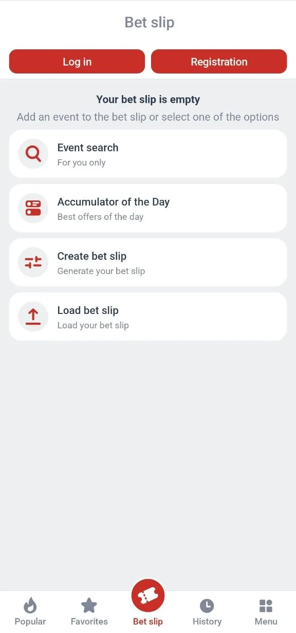 The empty bet slip in the Megapari Android app with event search and accumulator options