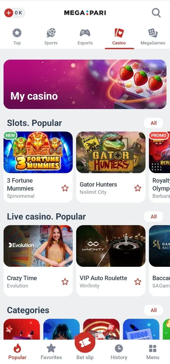 The casino tab of the Megapari Android app showing popular slots and live casino tables