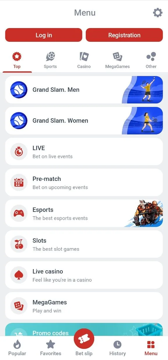 The main menu of the Megapari Android app listing Live, Pre-match, Esports, Slots, Live casino and MegaGames