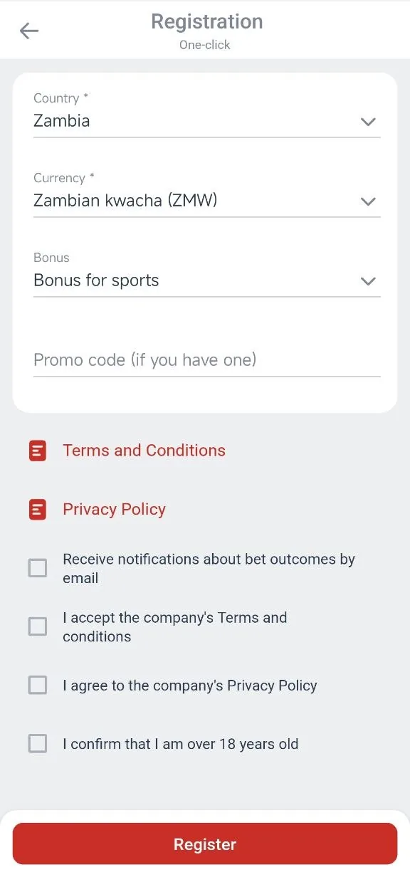 Megapari Android registration form with Country set to Zambia and Currency set to Zambian kwacha (ZMW)
