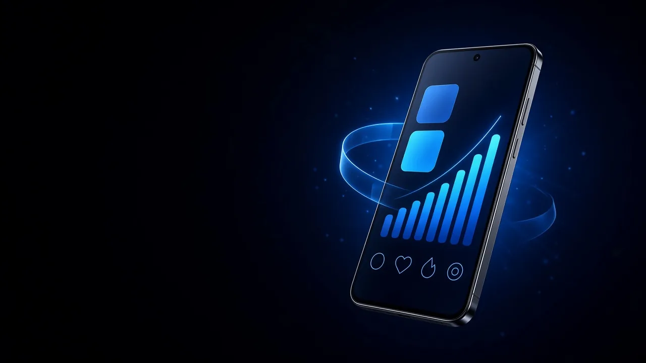 A smartphone showing a rising blue bar chart, with a glowing ring around it