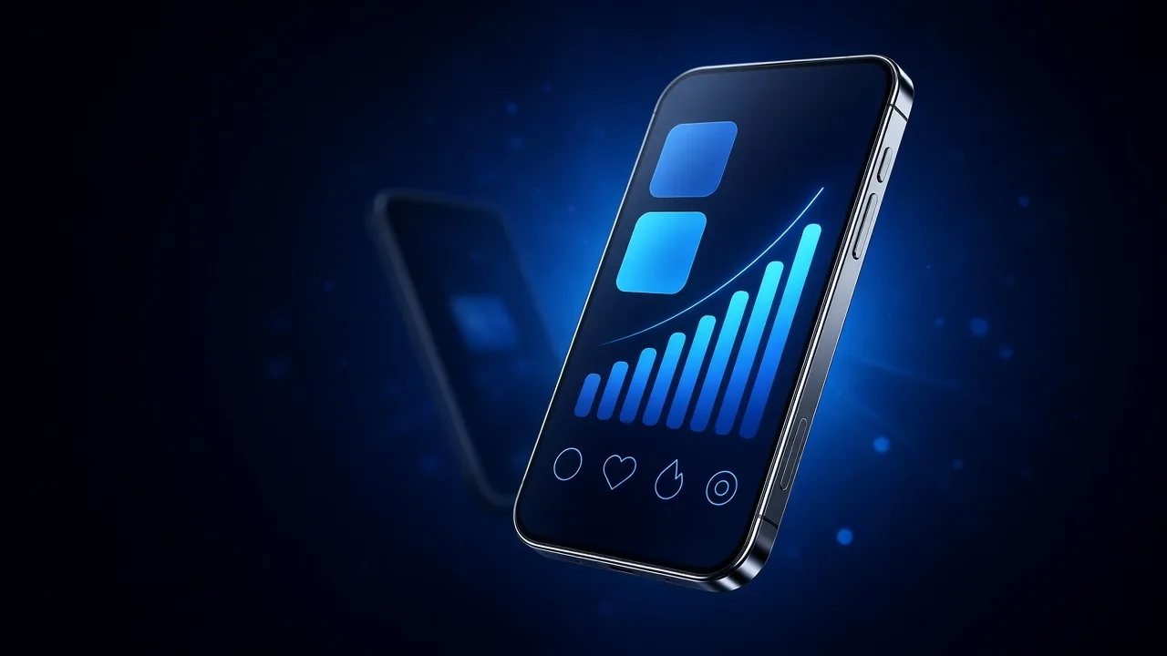 A smartphone screen filled with a rising blue bar chart, with a second phone silhouetted behind it