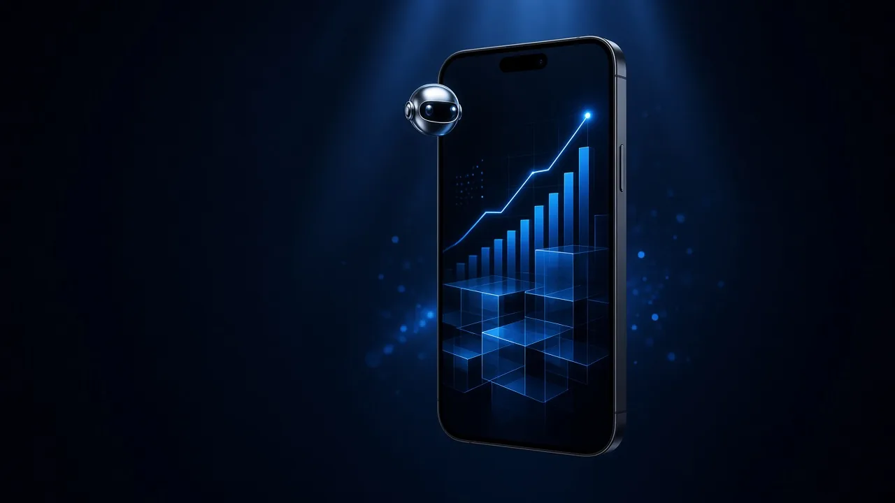 A smartphone showing a rising blue bar chart above a glowing wireframe grid, with a small chrome sphere at its edge