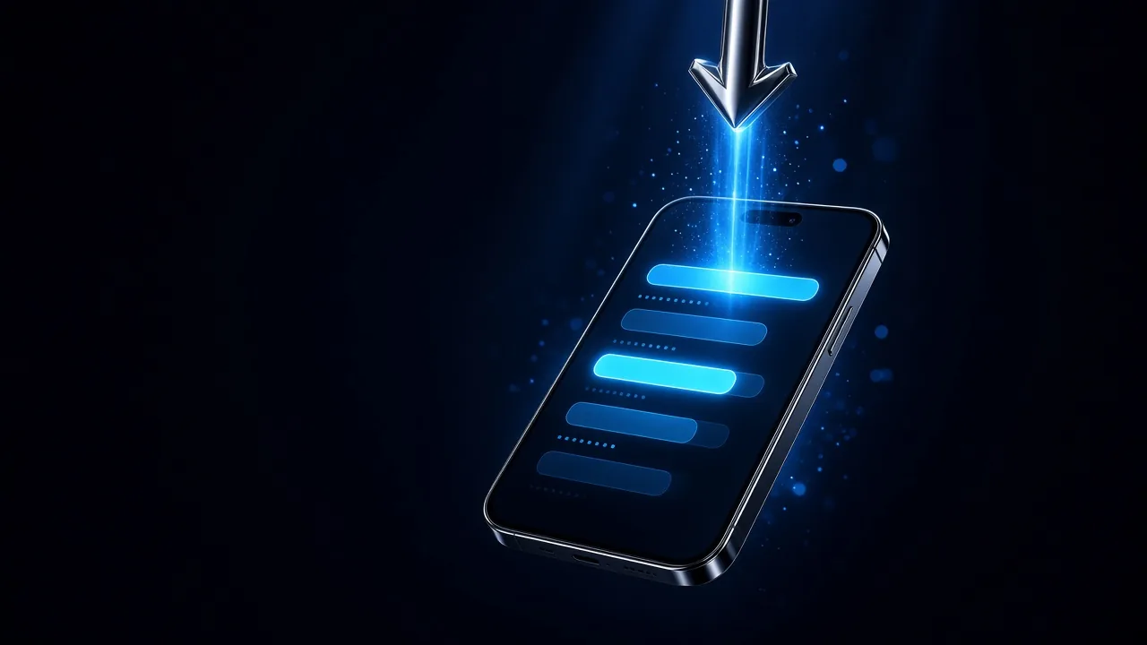 A large arrow pointing down into a smartphone screen, where four blue bars are filling