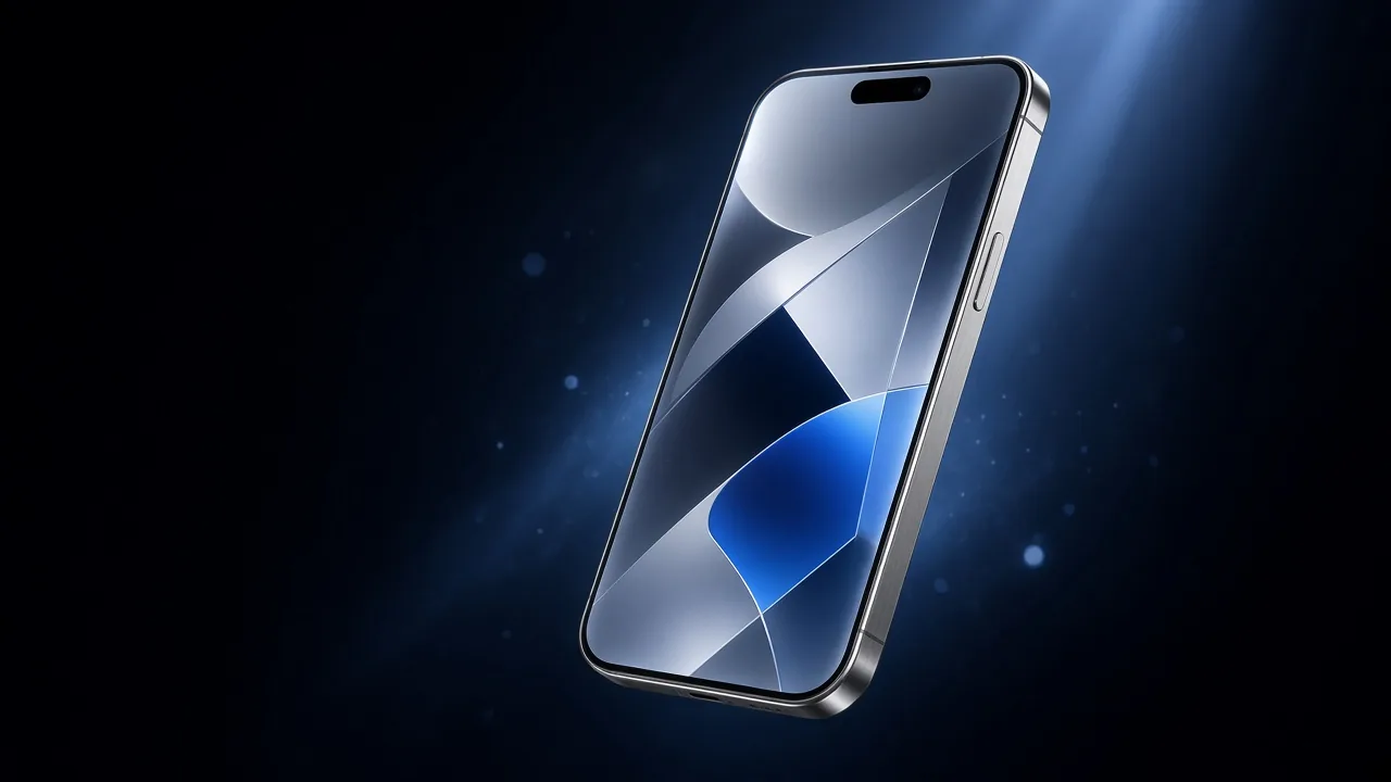 A smartphone lying at an angle with an abstract blue and silver pattern on its screen
