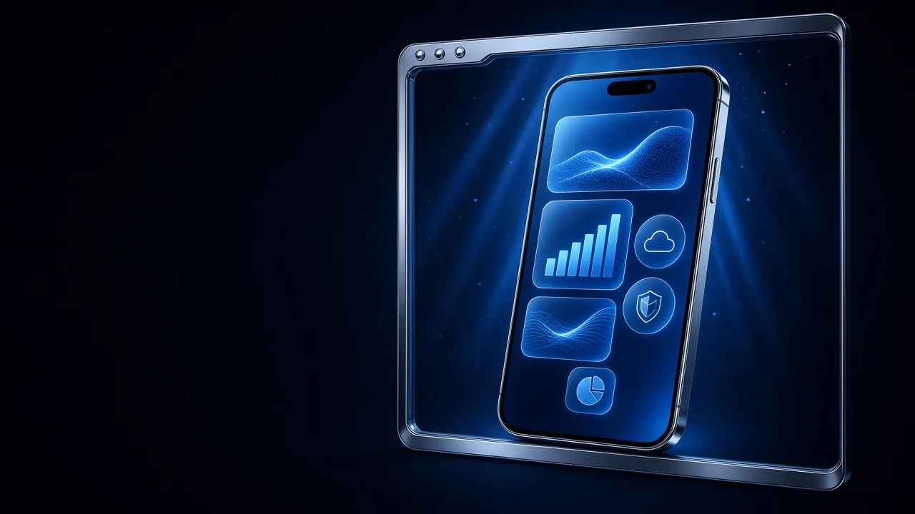 A smartphone inside a browser window frame, its screen showing charts and small round icons