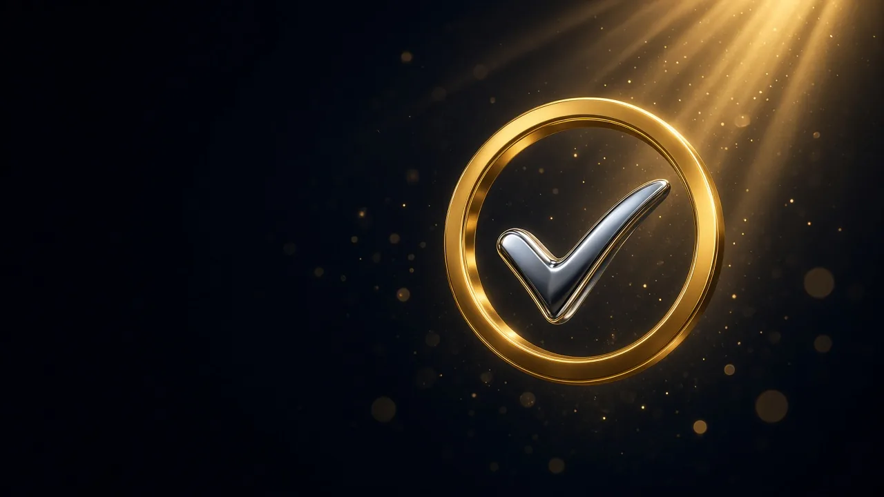 A gold ring with a chrome tick inside it, lit by gold rays