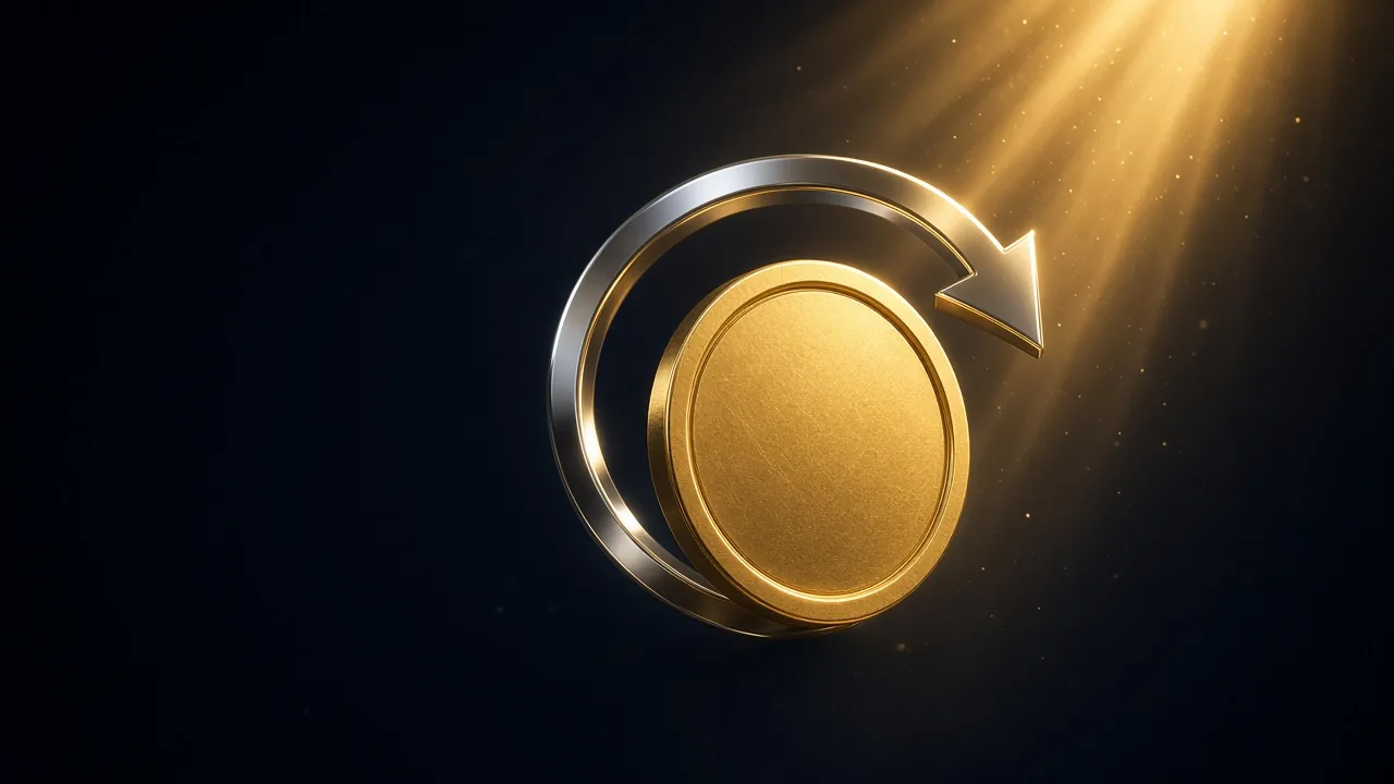 A gold coin with a curved arrow looping back around it