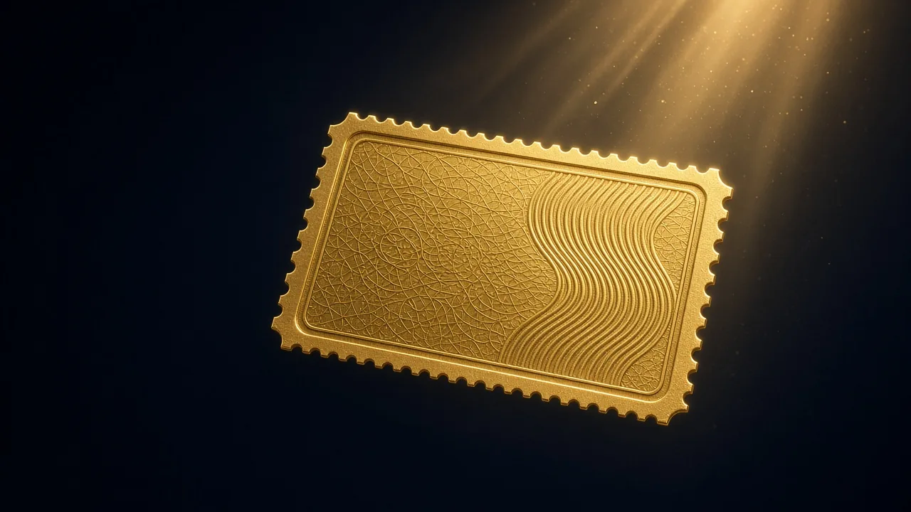 A gold ticket with a perforated edge and an engraved wave pattern