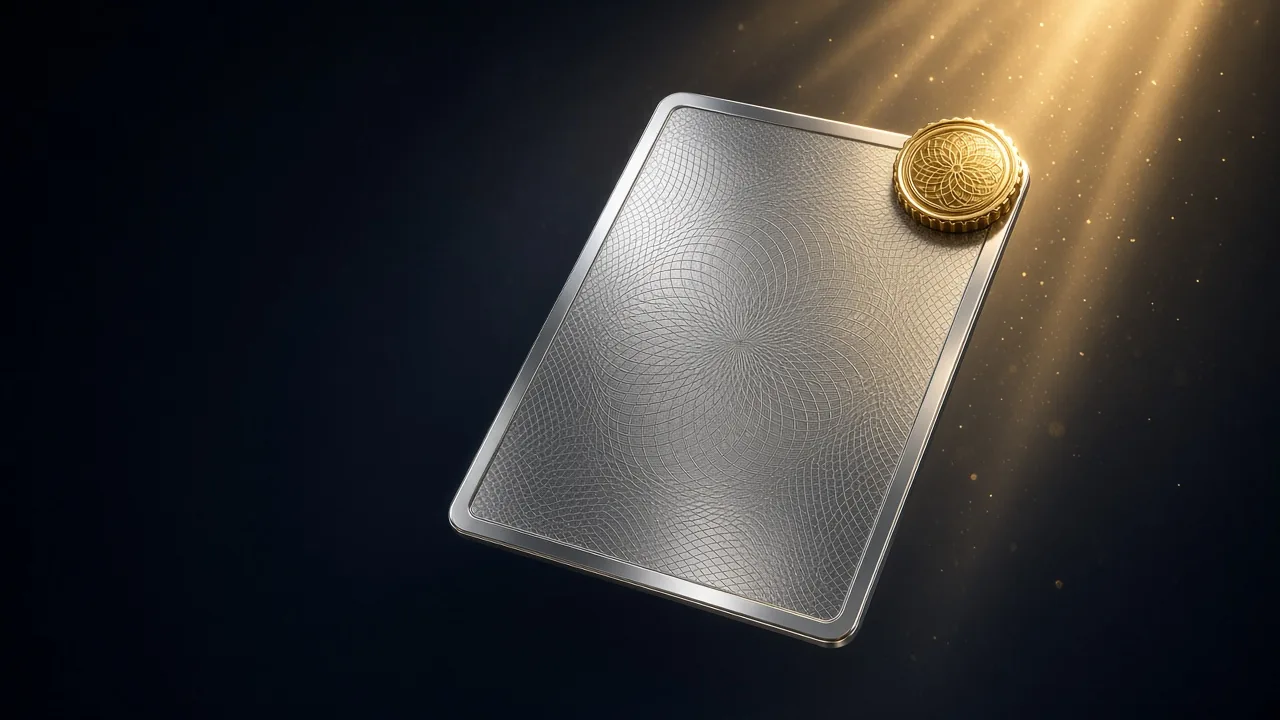 A silver card with a finely engraved surface and a small gold seal in one corner