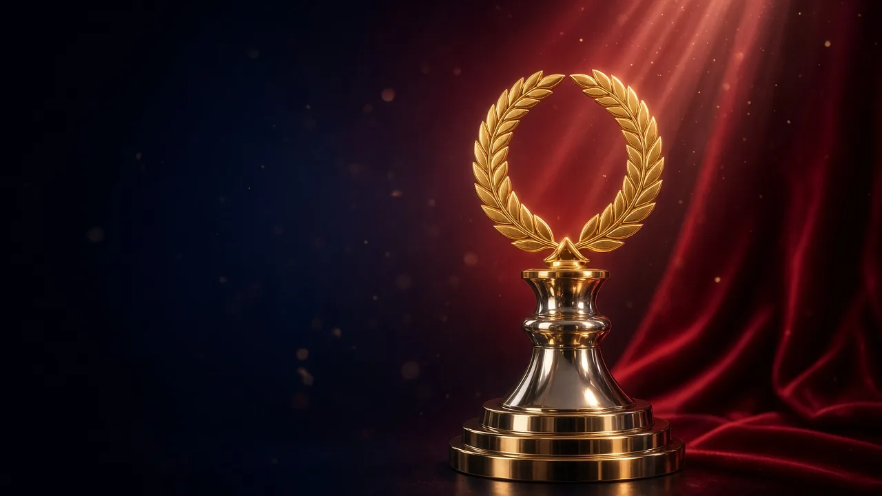 A gold laurel-wreath trophy on a pedestal in front of red drapery