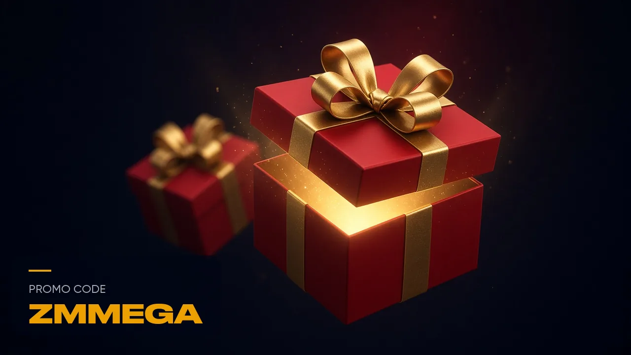 Two red gift boxes tied with gold ribbon, with the words promo code ZMMEGA printed beside them