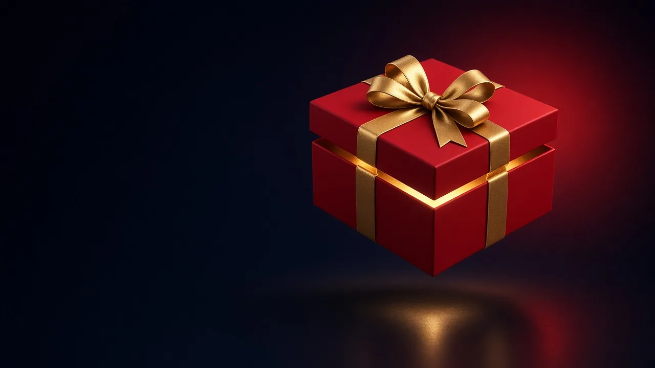 A red gift box tied with a gold ribbon