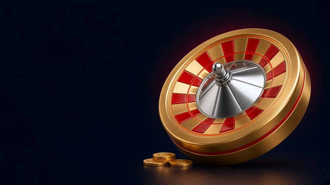 A gold roulette wheel with red and cream pockets, with gold coins resting against it