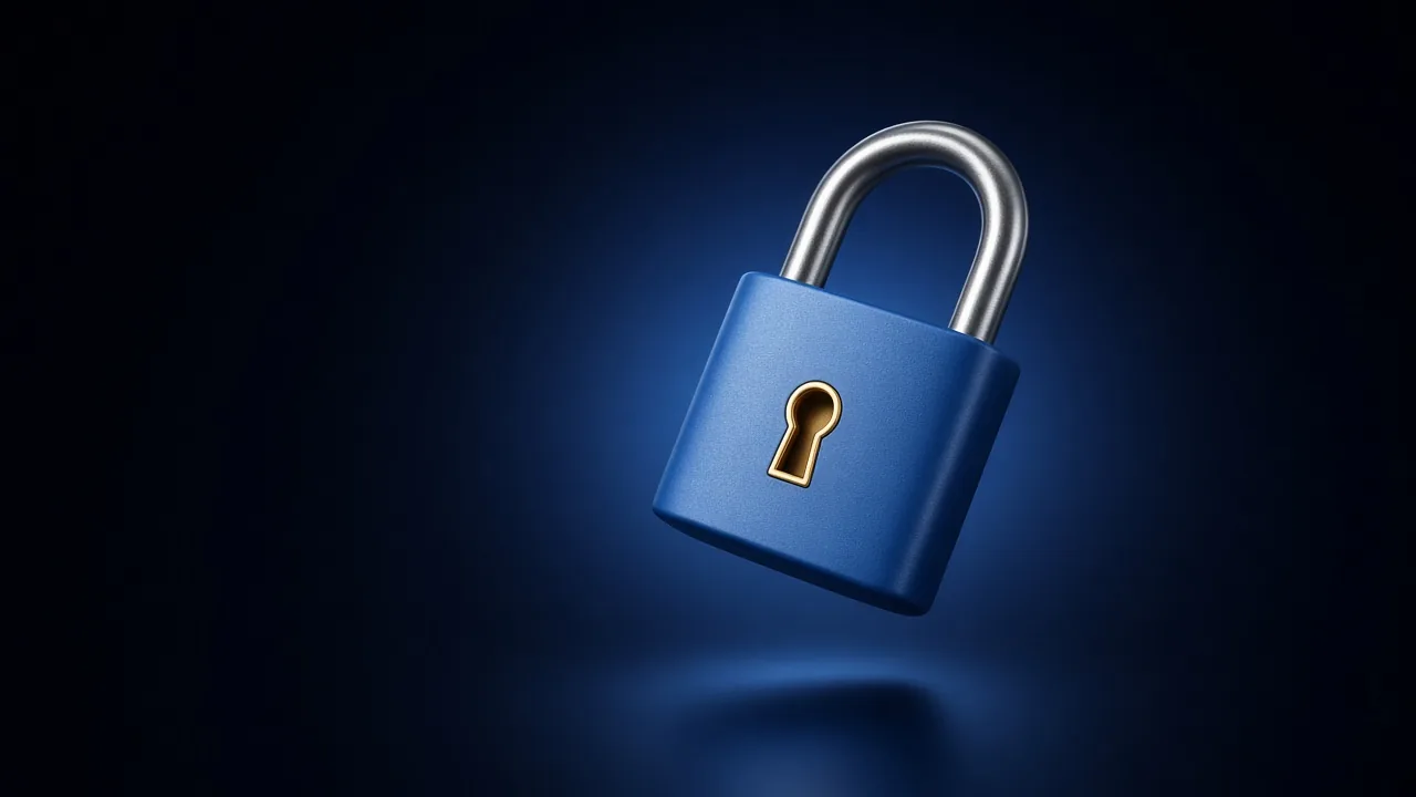 A blue padlock with a gold keyhole, floating in blue light