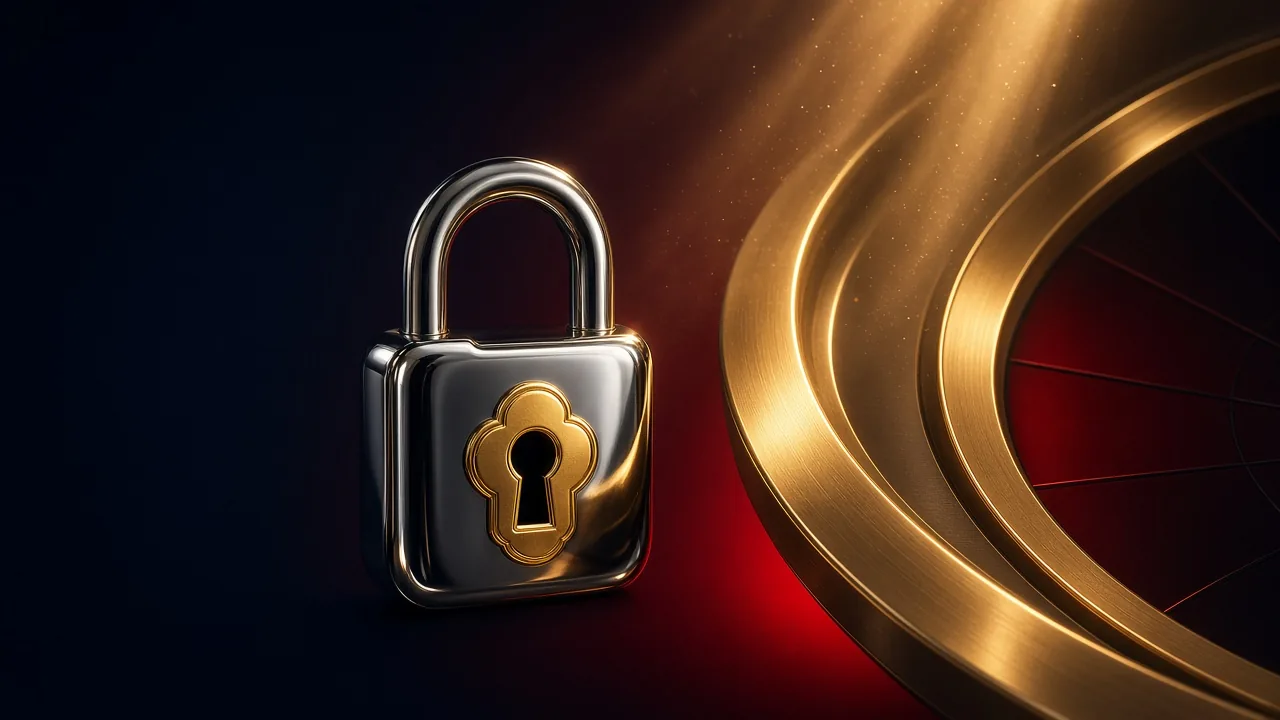 A chrome padlock with a gold keyhole in front of the curved gold rim of a roulette wheel