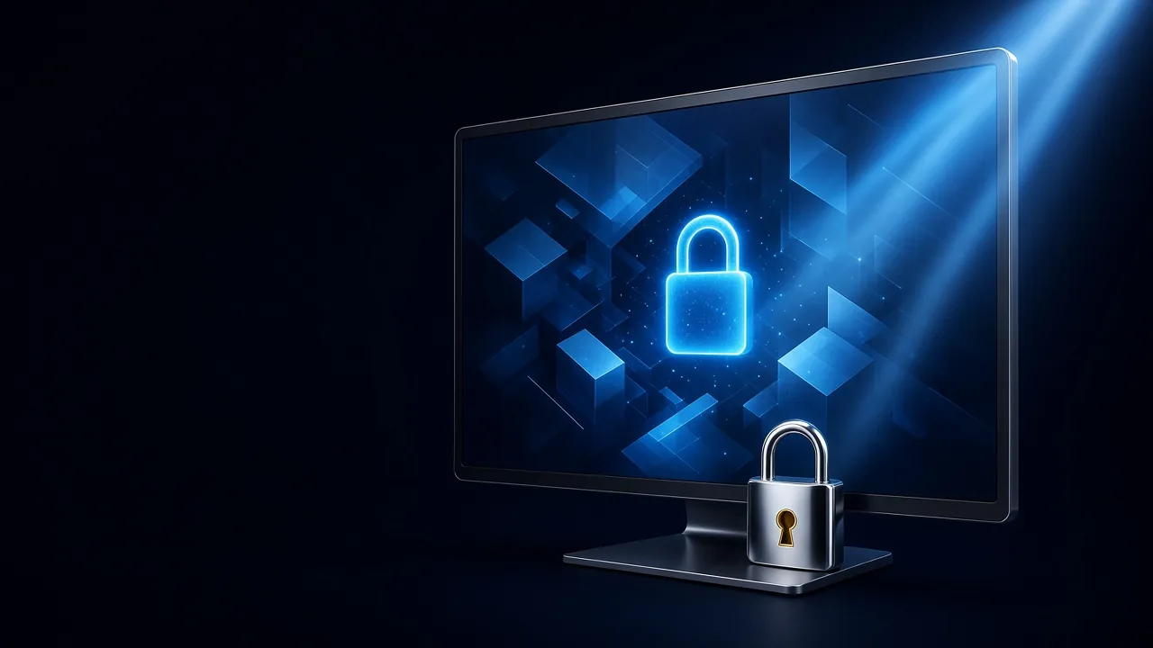 A desktop monitor showing a glowing blue padlock among floating cubes, with a chrome padlock in front of it