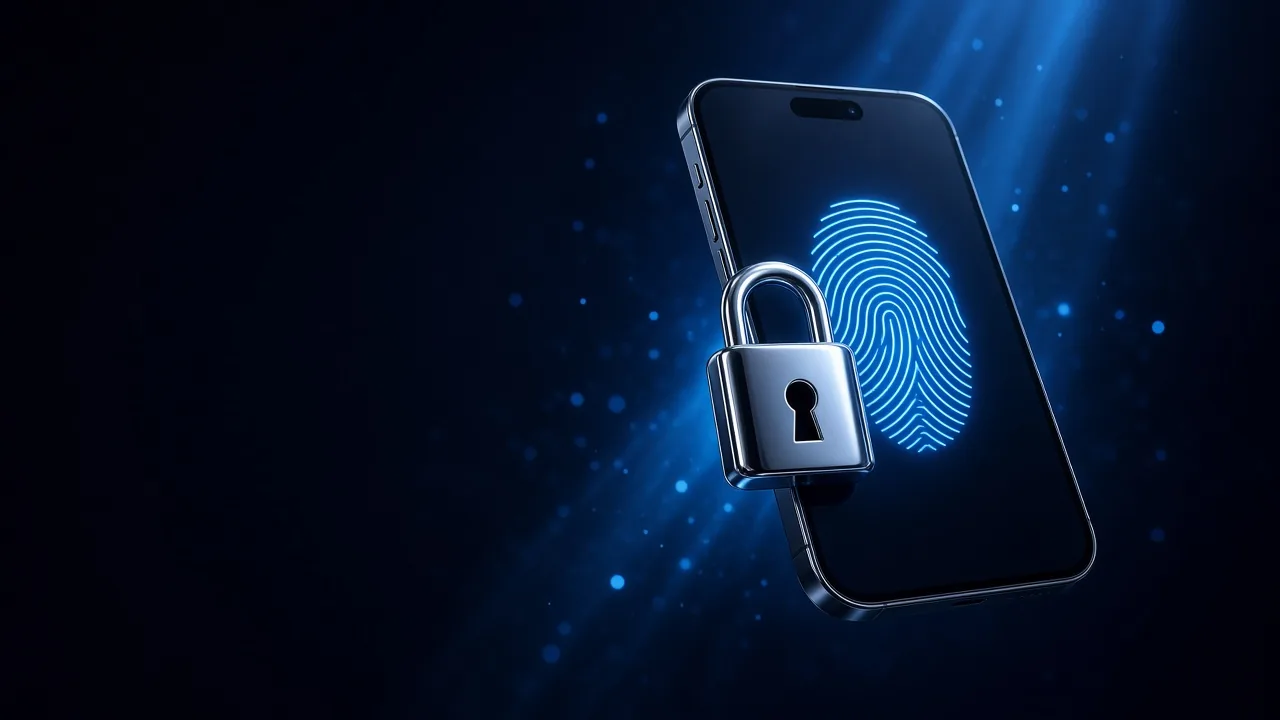 A smartphone with a glowing blue fingerprint on its screen and a chrome padlock in front