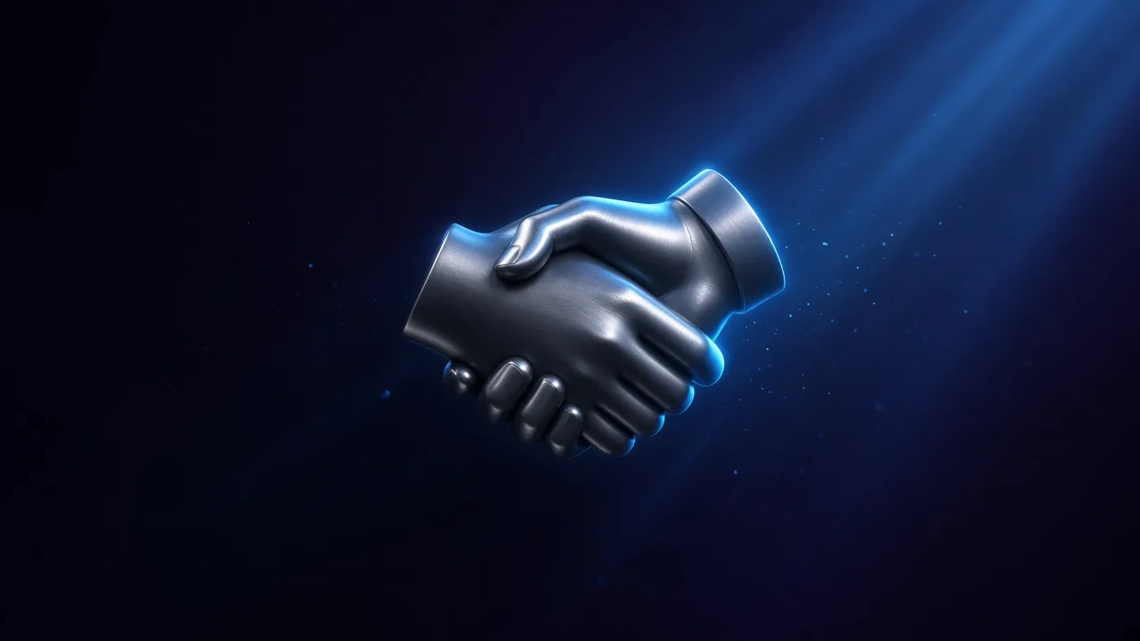 Two dark chrome hands shaking, rimmed in blue light