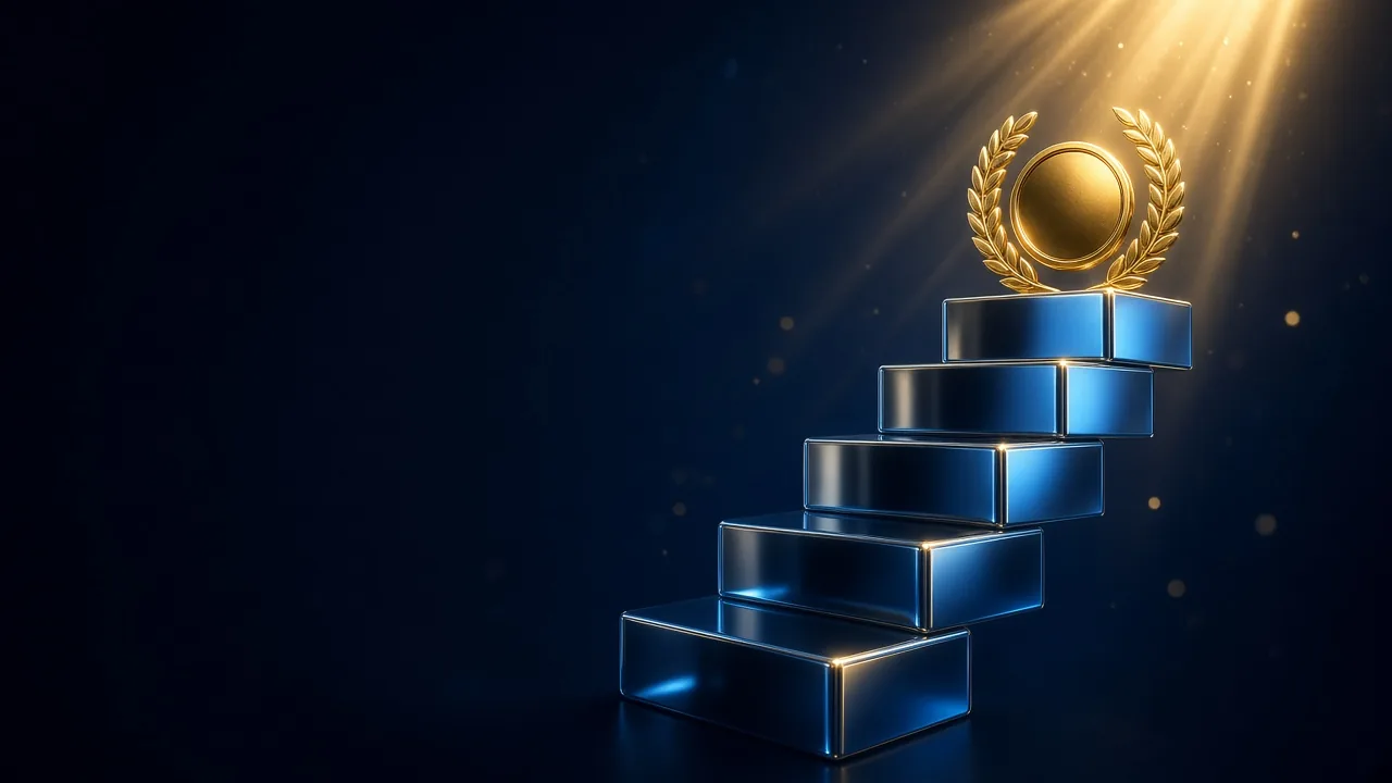 A rising staircase of blue metal steps with a gold laurel medal on the top step