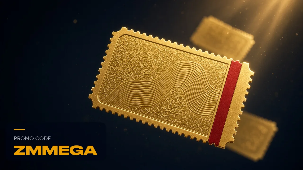 A large engraved gold ticket with a red stripe and two more faded behind it, with the words promo code ZMMEGA printed alongside