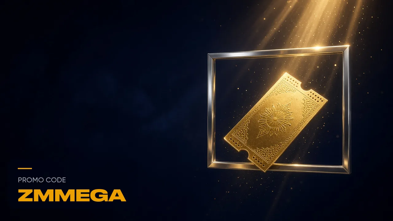 A gold ticket inside a thin gold frame, with the words promo code ZMMEGA printed alongside