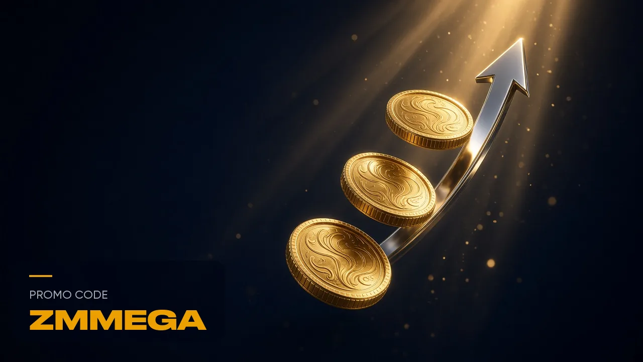 Three gold coins rising along a chrome arrow that curves upwards, with the words promo code ZMMEGA printed alongside