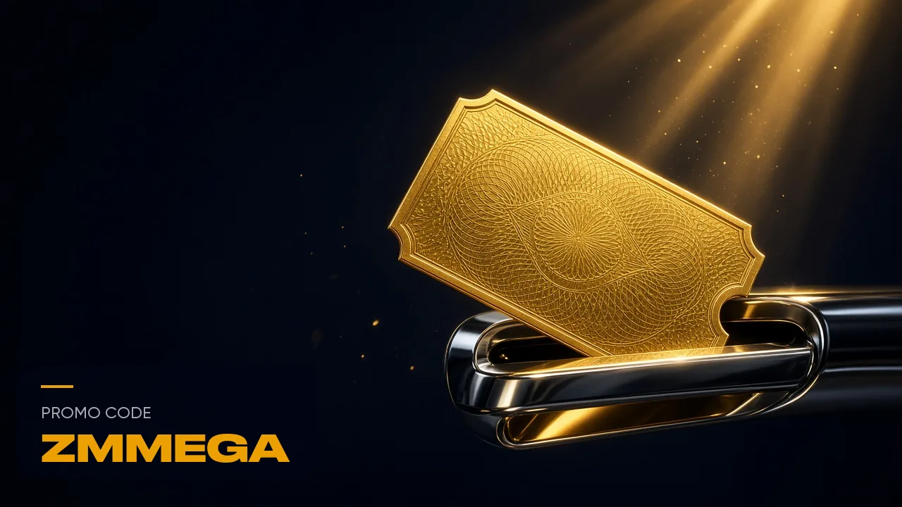 A gold ticket held in chrome tongs, with the words promo code ZMMEGA printed alongside