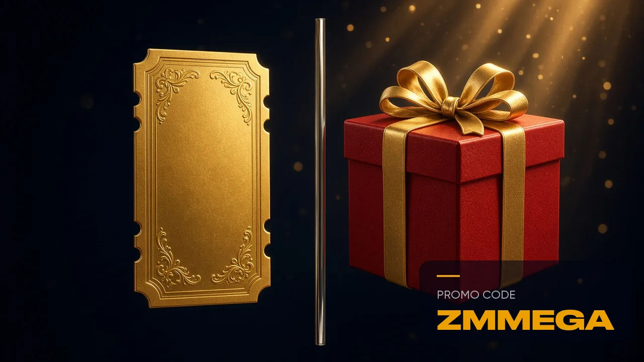 A gold ticket and a red gift box on either side of a dividing line, with the words promo code ZMMEGA printed alongside