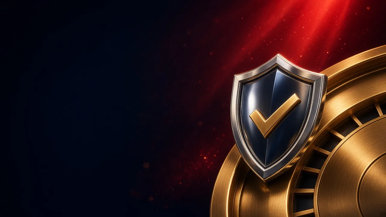 A dark shield bearing a gold tick in front of a large gold roulette wheel