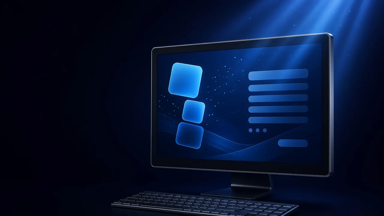 A desktop monitor and keyboard, the screen showing a blue form with tiles and lines