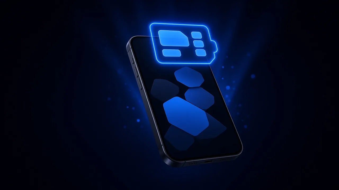 A tilted smartphone with a glowing blue form floating off its screen