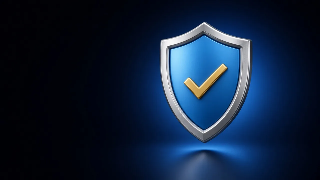 A blue shield with a silver rim and a gold tick
